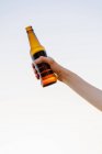 Mão feminina segurando garrafa de cerveja contra o céu — Fotografia de Stock