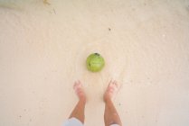 Crop shot from above of barefoot man standing on white sand of tropical beach with green coconut in water below, China — Stock Photo