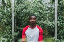 Giovane uomo nero seduto tra i cespugli verdi in serra e guardando la fotocamera — Foto stock