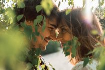 Vista lateral de la novia y el novio enamorados mirándose felizmente mientras están de pie en exuberante follaje verde a la luz del sol - foto de stock