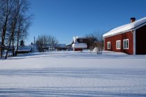 Small dark houses of Nordic village standing near forest in winter. — Stock Photo
