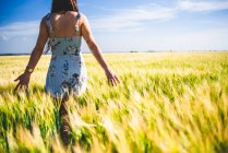 Mädchen steht an einem sonnigen Tag auf dem Feld — Stockfoto