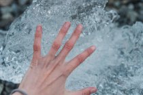 Person holding crop hand above ice piece in Skaftafell, Iceland and Vatnajokull — Stock Photo