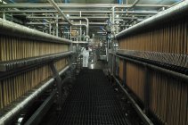 Atelier d'usine de filtre à bière avec tubes en cuivre sous le plafond et travailleur en uniforme blanc — Photo de stock