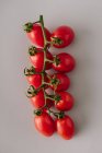 Fresh red tomatoes on branch on gray background — Stock Photo
