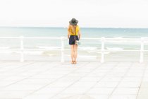 Жінка в елегантному вбранні, що стоїть біля паркану на набережній і насолоджується видом на море — стокове фото