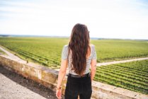 Unrecognizable young woman in casual outfit looking at green field while walking in countryside on sunny day. — Stock Photo