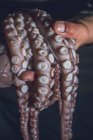 Человек держит в руках сырого осьминога. Темное фото. — стоковое фото