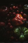Tomates frescos recogidos maduros e inmaduros en montones - foto de stock