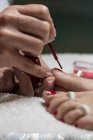Mujer manicura pintura pies uñas de cliente en salón de belleza - foto de stock