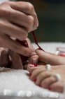 Female manicurist painting feet nails of client in beauty salon — Stock Photo