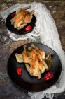 Pollo asado con cebolla, ajo; pimientos y hierbas aromáticas - foto de stock