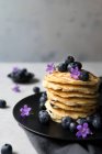 Montón de sabrosos bocadillos apetitosos con arándanos y flores de color púrpura en el plato negro sobre fondo gris - foto de stock
