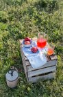 From above of wooden box with served napkin and glass of lemonade with apples in bowl on meadow. — Stock Photo