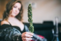 Femme tenant une plante de marijuana — Photo de stock
