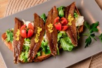 Крупный план бутерброда с овощами и рыбой на серой тарелке — стоковое фото