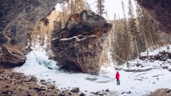 Человек в красных теплых западных и синих брюках, стоящих в канадском зимнем лесу с огромными коричневыми камнями и высоким днем — стоковое фото