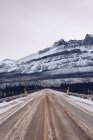 Eingezäunte Brücke mit Schildern, die durch dichten Winterwald und zugefrorenen Fluss auf schneebedecktem Gebirgshintergrund mit trübem grauen Himmel führen — Stockfoto