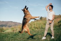 Hombre jugando con perro en la naturaleza - foto de stock