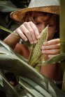 Menino segurando milho no milheiral — Fotografia de Stock