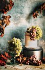 Raisins violets et verts avec des feuilles d'automne sèches sur fond rustique — Photo de stock