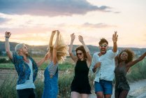 Grupo de jovens em trajes casuais rindo e dançando enquanto se divertindo na bela paisagem juntos — Fotografia de Stock