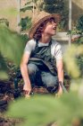 Мальчик в соломенной шляпе работает в теплице с садовыми инструментами — стоковое фото