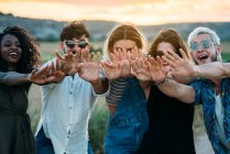 Group of diverse young friends smiling and reaching out hands towards camera while standing on blurred background of amazing countryside during sunset — Stock Photo
