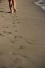 Crop back view of feet of person walking on sandy coast washed by water at daylight — Stock Photo