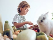 Kleiner Junge steht am Tisch und kocht Gemüse mit entzückendem weißen Kaninchen — Stockfoto