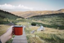 Крупним планом рука людини з металевою чашкою на тлі високих гір і зелених полів — стокове фото