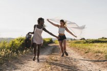 Веселые стильные мультиэтнические женщины с чемоданом и шарфом, с волнением бегущие по дороге в летней зеленой сельской местности — стоковое фото