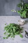 Rucola fresca verde su tavolo in marmo bianco — Foto stock