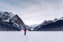 Blick aus der Ferne auf einen anonymen Reisenden, der in einem weitläufigen kalten, schneebedeckten Feld mit felsigen, dunklen Bergen im Hintergrund steht — Stockfoto