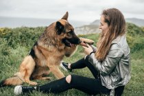Jeune femme caressant chien dans la nature — Photo de stock