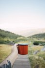 Close-up of human hand with metallic cup on background of high mountains and green fields — Stock Photo
