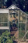 Boy in straw hat working in greenhouse — Stock Photo