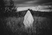 Pessoa disfarçada de fantasma caminhando na natureza — Fotografia de Stock