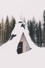 Маленькая вигвам-каюта в снежном лесу — стоковое фото
