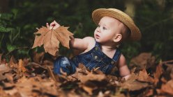 Милий маленький малюк у капелюсі та джинсовому одязі сидить та грає з листям у природі . — стокове фото