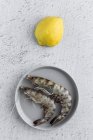 Сырые тигровые креветки на тарелке на белом потёртом столе с лимоном — стоковое фото