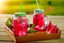 Wassermelonen-Limonade in Glasbechern auf Holztablett — Stockfoto