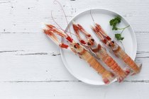 Three boiled shrimps on plate with sprig of parsley on white timber tabletop — Stock Photo