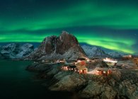 Illuminated picturesque red houses on remote shore in mountains under northern lights at night — Stock Photo