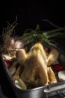 Целый сырой цыпленок готов к жарке на сковороде с ингредиентами — стоковое фото