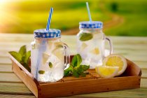 Plateau en bois avec des tasses en verre de limonade de refroidissement en citron et menthe — Photo de stock