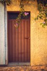 Деревянные ветки с элегантными розовыми цветами висят возле деревянной двери здания в Оахаке, Мексика — стоковое фото