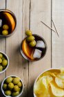 Top view of drinks and snacks — Stock Photo