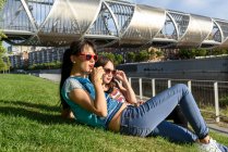 Seitenansicht schöner asiatischer Damen, die wegschauen, während sie auf grünem Parkgras in der Nähe moderner Brücke liegen — Stockfoto