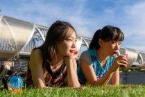 Mujeres asiáticas tumbadas en el parque de hierba - foto de stock
